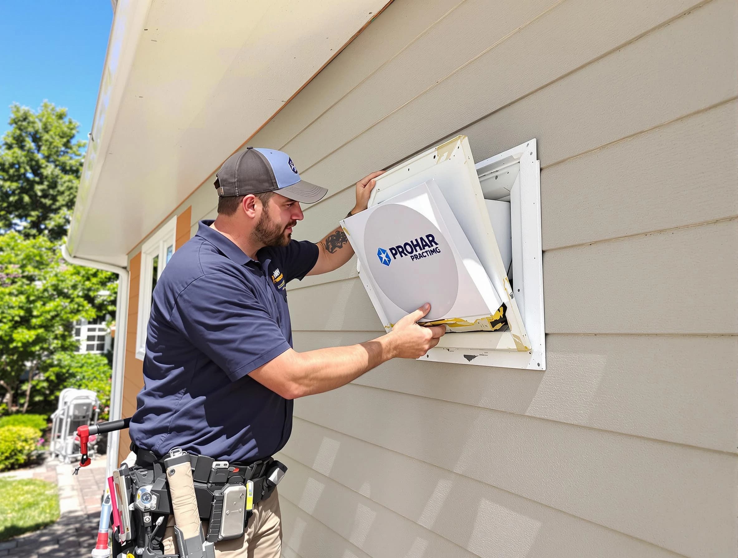 Stonecrest Dryer Vent Cleaning technician installing a new protective dryer vent cover on a home in Stonecrest