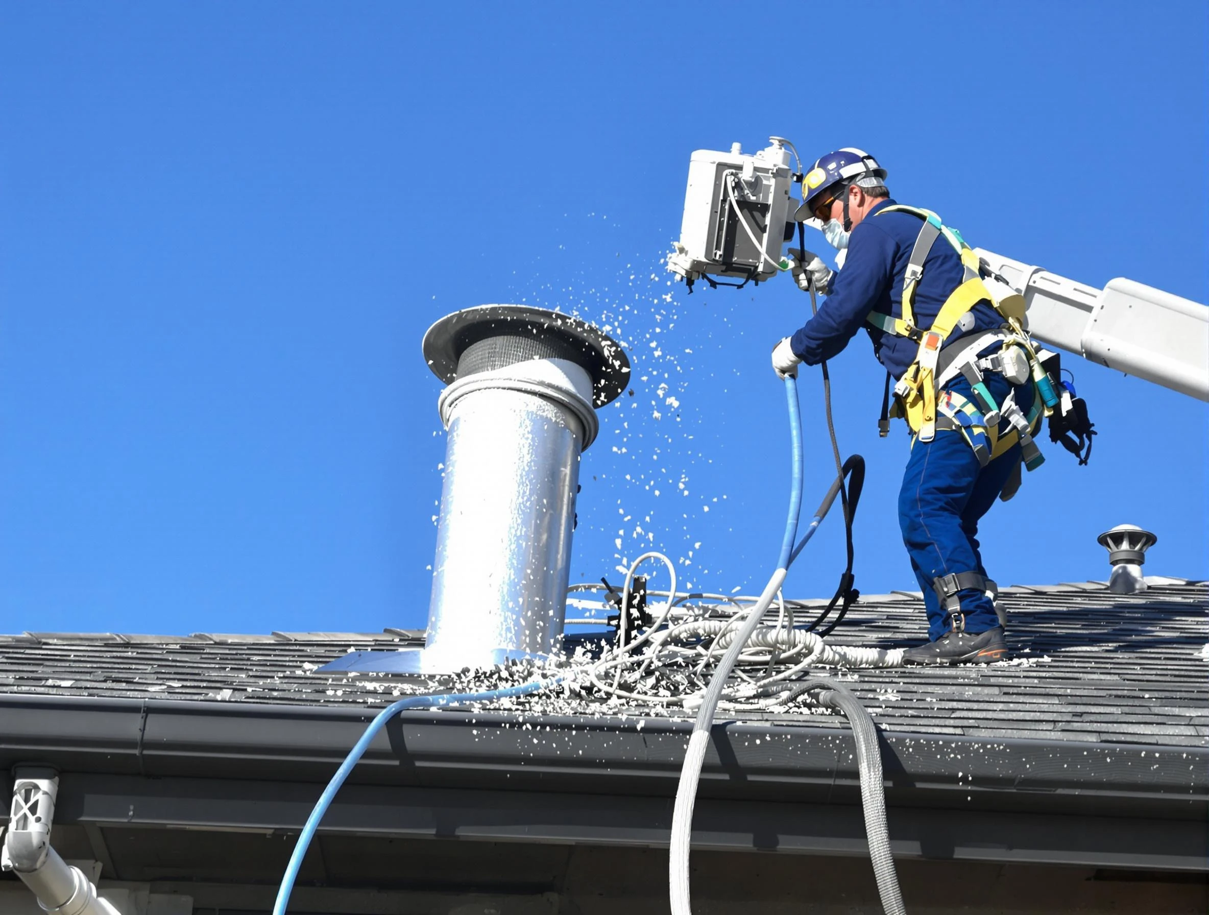 Stonecrest Dryer Vent Cleaning certified technician safely cleaning a roof-mounted dryer vent in Stonecrest
